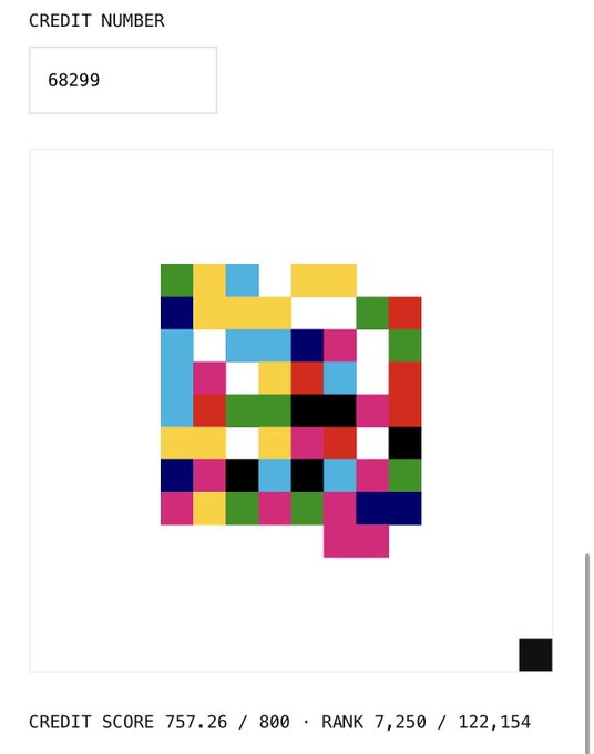 A CAPTCHA-style credit verification screen showing 'CREDIT NUMBER 68299' with a colorful grid image and stats reading 'CREDIT SCORE 757.26 / 800 · RANK 7,250 / 122,154'.