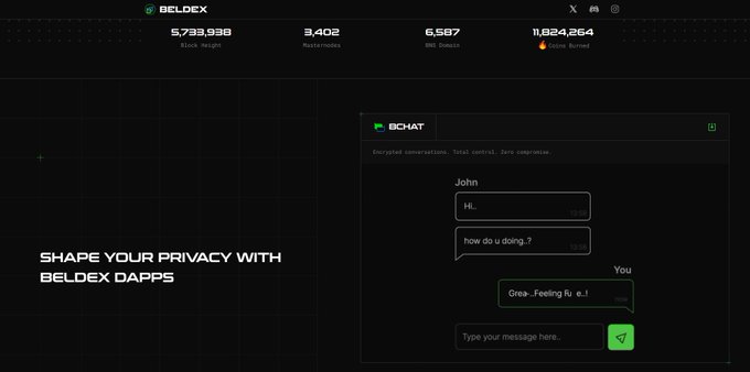 A Beldex dashboard interface showing stats like 5,739,938 Block Height, 3,402 Masternodes, and 6,587 BNS Domains, alongside a BChat interface and the text 'SHAPE YOUR PRIVACY WITH BELDEX DAPPS'.