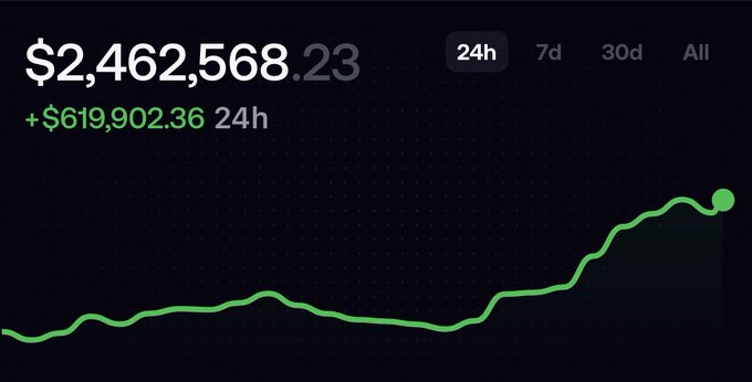 A trading dashboard displays a portfolio value of $2,462,568.23 with a 24-hour gain of +$619,902.36, accompanied by an upward-trending green chart on the "24h" timeframe. The image visually reinforces the post's claim of massive daily swings, capturing one of the volatile green days that produced a six-figure gain.