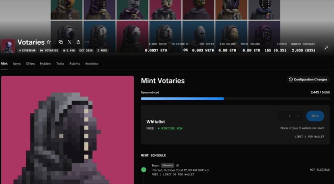 A screenshot of the Votaries NFT “Mint Votaries” page shows the “Whitelist” minting panel, with 2,443/5,585 minted and a mint price of 0.0037 ETH. The post references this launch and 8X @votariesxyz, asking donors to mint via opensea.io/collection/vot and noting that the author reserved some for charity.