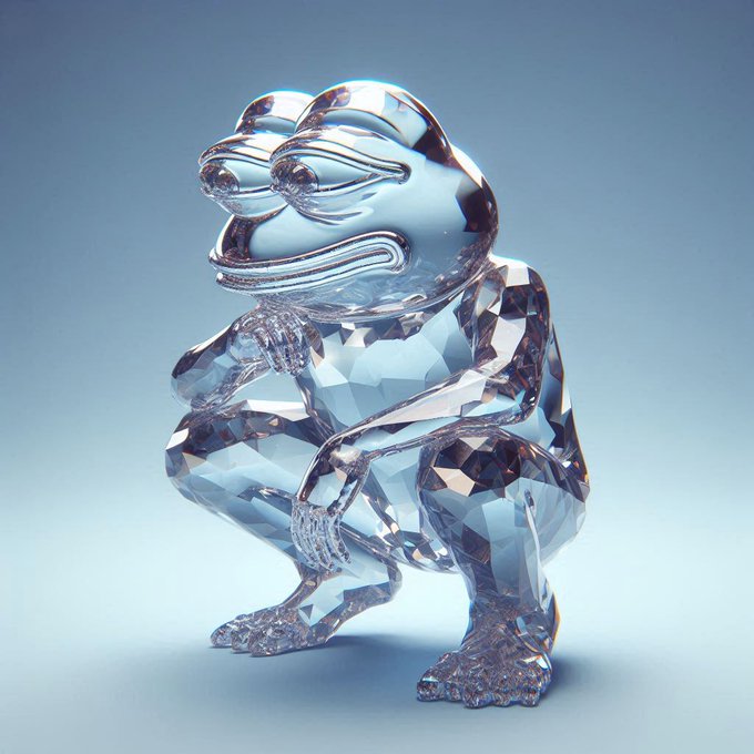 A faceted crystal or glass sculpture of a smiling, squatting monkey-like figure on a light blue background.