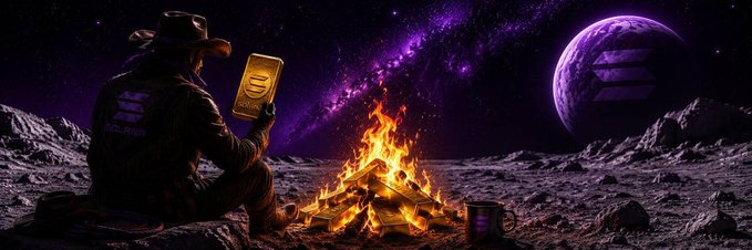 A cowboy sits by a campfire on a desolate alien landscape, holding a gold bar stamped with "100000" and the Solana logo, with a large purple Solana planet visible in the night sky. The imagery evokes the post's message of scarcity, symbolically representing the burn of 167,761 $BAR tokens that makes the asset increasingly rare—much like finding precious gold in the vast emptiness of space.