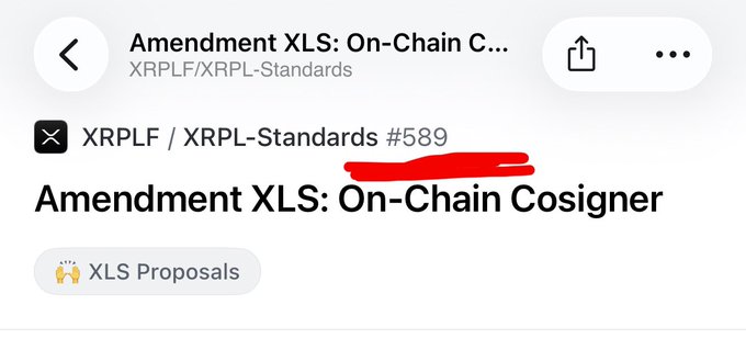 A screenshot of a GitHub discussion titled "Amendment XLS: On-Chain Cosigner" in the XRPLF/XRPL-Standards repository, marked as issue #589 and tagged as an "XLS Proposal," illustrating the recently proposed XRP Ledger feature for enabling on-chain multisignature coordination.