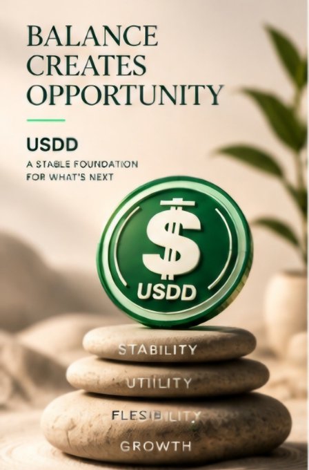 A promotional graphic for USDD stablecoin with the text "Balance Creates Opportunity" and "A Stable Foundation for What's Next," showing a USDD coin resting on rocks inscribed with Stability, Utility, Flexibility, and Growth.