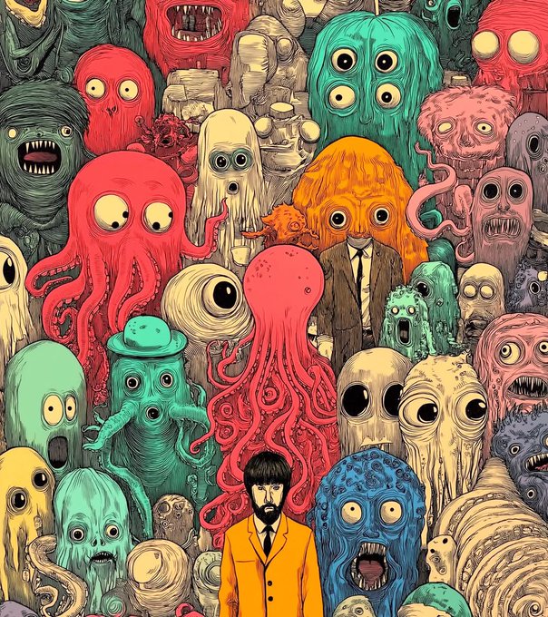 A colorful illustration features a bearded man in a yellow suit standing amid a crowd of grotesque, tentacled monsters and creatures.