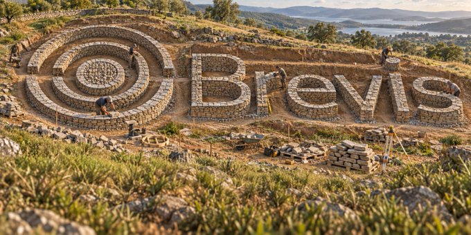 An aerial view shows workers constructing a large stone sign reading 'Brevis' alongside a circular logo on a hillside landscape.