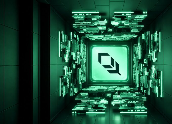 A digital art piece depicting a futuristic green-lit corridor or server room with a central glowing panel featuring a stylized logo, surrounded by intricate geometric circuitry patterns.
