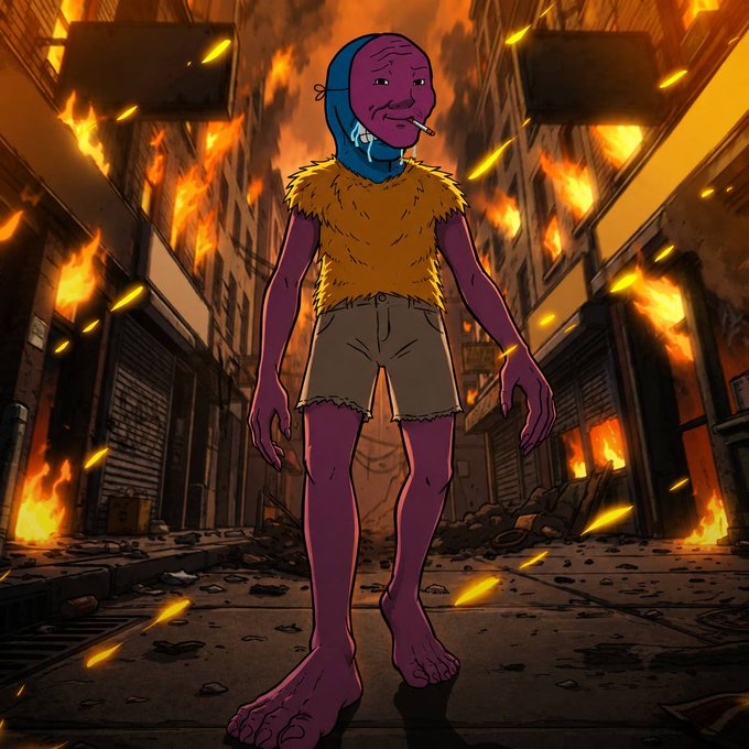 A purple-skinned cartoon figure wearing a blue face mask, fur vest, and shorts stands barefoot amid a burning, debris-strewn alley with fires blazing in the surrounding buildings. The chaotic, fiery destruction in the background visually represents the violent market shakeout, while the calm, unfazed character embodies the post's message of resilience—suggesting that after the burning crash, it's time to rally and not fade.