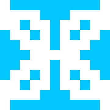 A blue and white pixel art design featuring a symmetrical geometric pattern.