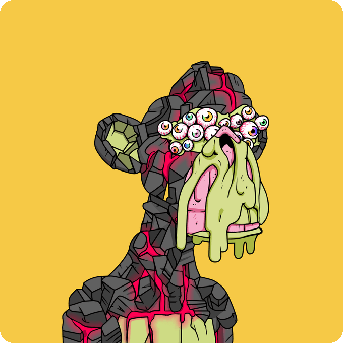A cartoon illustration of a monster made of gray rocky blocks with glowing red cracks, featuring many googly eyes and dripping green slime on a yellow background.