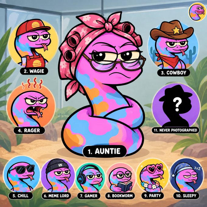 A cartoon-style personality quiz shows various 'Auntie' character archetypes including '1. AUNTIE', '2. WAGIE', '3. COWBOY', and others, with a large pink snake-like character wearing curlers and glasses in the center.
