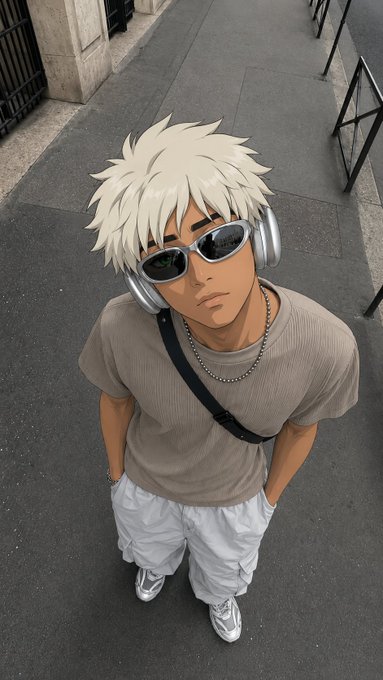 An anime-style character with spiky white hair, sunglasses, and headphones poses on a city sidewalk wearing a beige tee and white pants, matching the casual "geem" aesthetic.