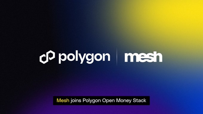 The image displays a partnership announcement showing the Polygon and Mesh logos against a dark blue and yellow gradient background, with the text "Mesh joins Polygon Open Money Stack" at the bottom, visually representing the integration described in the post where Polygon's fiat on-ramp becomes available through Mesh's payments network of 300+ wallets and financial platforms.