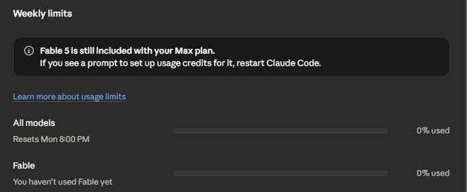 A dark-themed weekly limits settings panel showing 0% used for both All models and Fable, with a note that "Fable 5 is still included with your Max plan" and that usage resets Monday 8:00 PM.