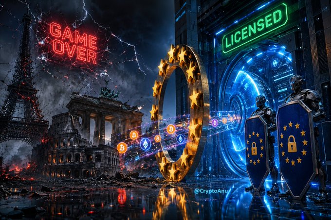 The image shows a dark, dramatic scene with the Eiffel Tower and other landmarks crumbling amid a "GAME OVER" neon sign, contrasted by a glowing EU-star ring, "LICENSED" sign, and robotic figures holding EU-themed shields with padlocks, with Bitcoin and Ethereum coins floating around — symbolizing the strict regulatory crackdown of the #MiCA era in Europe. A "CryptoAnu" watermark appears in the corner, reinforcing the post's warning that only licensed exchanges like CoinEx will survive the July 1 regulatory shift impacting crypto markets including $LUNC.