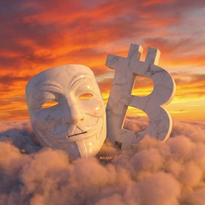 A 3D render of a white marble V for Vendetta mask next to a glowing Bitcoin symbol floating above clouds at sunset, credited to @2UCLP.