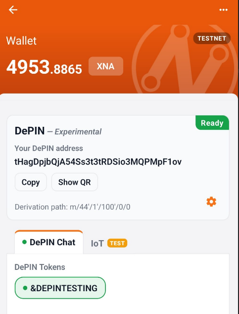 A screenshot of the Neurai (XNA) wallet app on testnet, showing a balance of 4953.8865 XNA and displaying the new DePIN experimental feature with the address "tHagDpjbQjA54Ss3t3tRDSio3MQPMpF1ov," a derivation path of m/44'/1'/100'/0/0, and tabs for "DePIN Chat" and "IoT" with a DePIN testing token. The image illustrates the updated Android wallet's integration of the new DePIN protocol and encrypted messaging capabilities mentioned in the post.