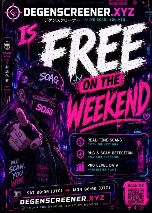 The image features a poster for a free weekend event, with a person wearing a black hat holding up a sign that says "Is Free On The Weekend". The poster also includes text about a tool called "Degenscreener" and an offer for a free scan of their website.