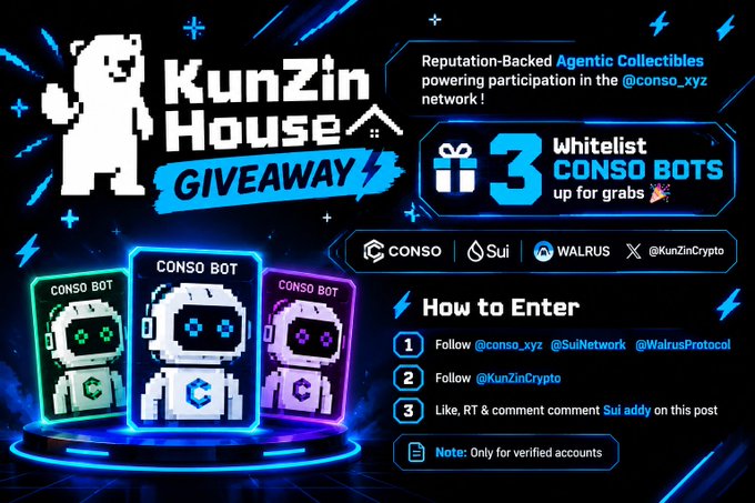 A promotional graphic for the "KunZin House Giveaway" featuring three pixel-art CONSO BOT collectibles, advertising 3 whitelist spots for @conso_xyz's reputation-backed agentic collectibles on the @SuiNetwork and @WalrusProtocol, with entry instructions to follow @conso_xyz, @SuiNetwork, @WalrusProtocol, and @KunZinCrypto, then like, RT, and comment "Sui."