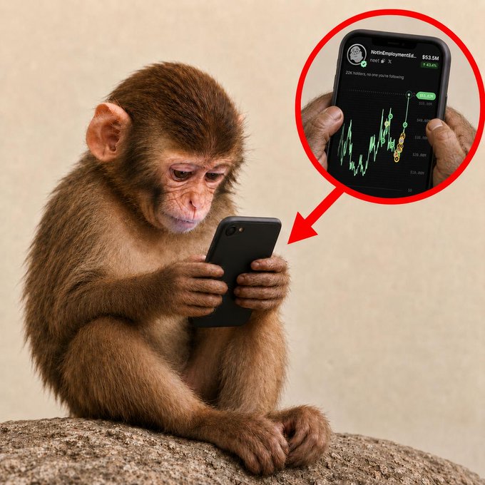 A monkey intently studies a smartphone displaying the Robinhood app, where "NotUnemployed..." appears to be holding $53.5M in OTM call options on **RKLB**—a fitting "good morning chat" visual of retail traders apeing into speculative plays before the market opens.