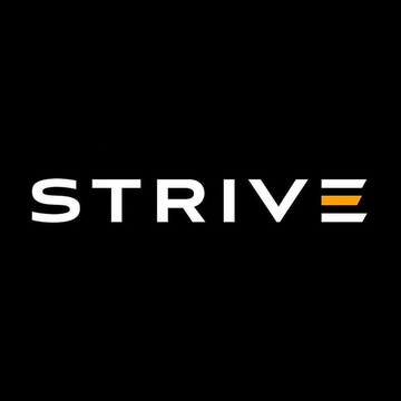 The image displays the "STRIVE" logo in white text with an orange accent on the letter "E" against a black background, representing Strive, the company that just acquired 1,375 $BTC worth $109M to bring its total holdings to 24,531 BTC.