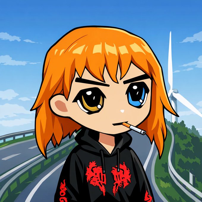 A cartoon-style avatar with orange hair, heterochromia (one gold and one blue eye), and a cigarette in its mouth, wearing a black hoodie with red designs, stands against a highway and wind turbine background.