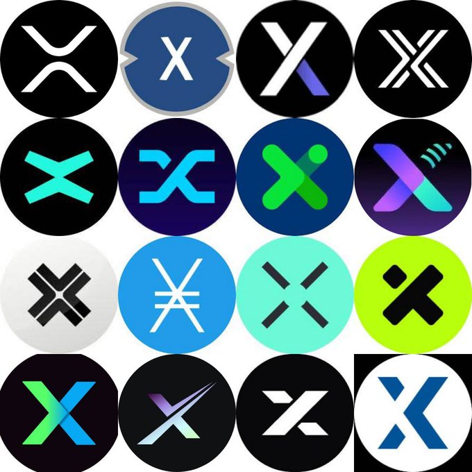 Grid of 16 circular logo variations, all featuring the letter 'X' in various designs, colors (black, white, blue, green, purple), and stylized forms.