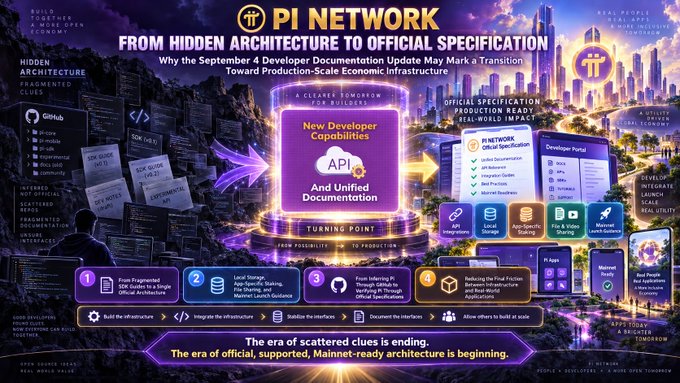 The image is a vibrant infographic titled "PI NETWORK: FROM HIDDEN ARCHITECTURE TO OFFICIAL SPECIFICATION," highlighting the transition from fragmented, obscured developer documentation to a clear, unified ecosystem following the September 4 developer documentation update. It features a futuristic cityscape backdrop with purple and gold tones, alongside interface elements such as the Pi Browser, Developer Portal, Mainnet, and tool icons for API, Local Storage, App-Specific Routing, File & Video Sharing, and Mainnet Block Explorer. The infographic outlines a four-step transition—from hidden ASCII guides to a public API and unified documentation—and emphasizes the era of scattered clues ending and an official, Mainnet-ready architecture beginning, directly reinforcing the post's focus on Pi Network's (minepi.com) shift toward production-scale economic infrastructure.