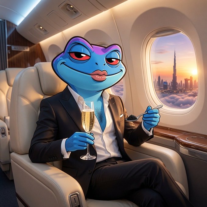 An AI-generated illustration of a blue anthropomorphic frog wearing a black suit, holding a champagne glass and a spoon of caviar in a private airplane with a city skyline visible through the window.