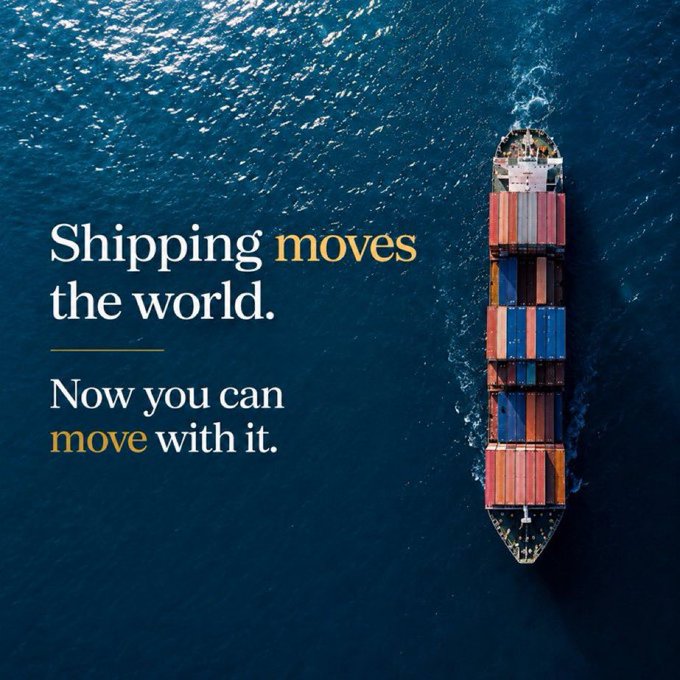 Aerial view of a container ship on the ocean with text reading 'Shipping moves the world. Now you can move with it.'