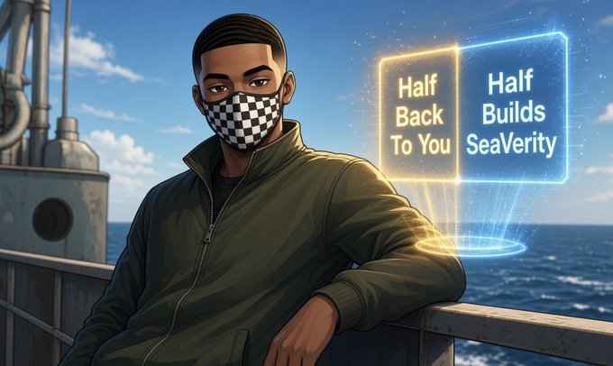 An anime-style illustration of a young man wearing a checkered mask and an olive green jacket, leaning against a railing on a ship with the ocean in the background. Two glowing digital panels beside him read 'Half Back To You' and 'Half Builds SeaVerity'.