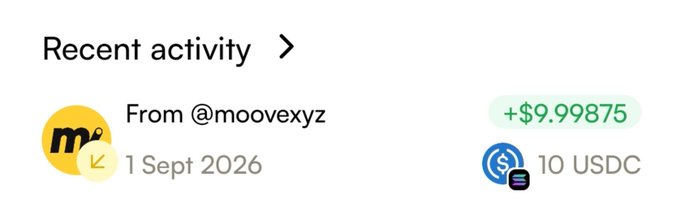 A digital wallet transaction notification shows a receipt of $9.99875 (10 USDC) received from @moovexyz on 1 Sept 2026.