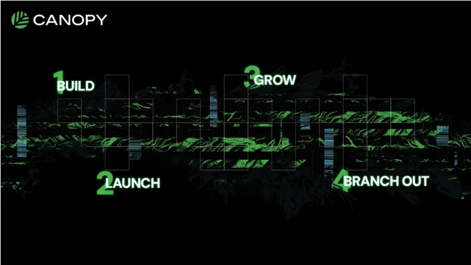 Canopy logo with a dark green textured background showing a four-step growth process: 1. Build, 2. Launch, 3. Grow, 4. Branch Out.