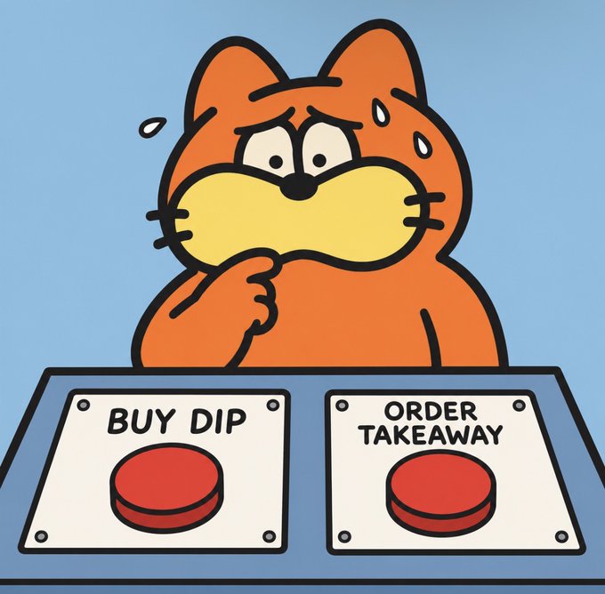 A cartoon orange cat looking anxious between two red buttons labeled 'BUY DIP' and 'ORDER TAKEAWAY'.