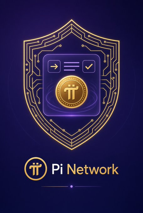 A digital graphic for Pi Network showing a gold and purple shield with a Pi coin symbol, the Pi logo, and the text "Pi Network" on a dark blue background.