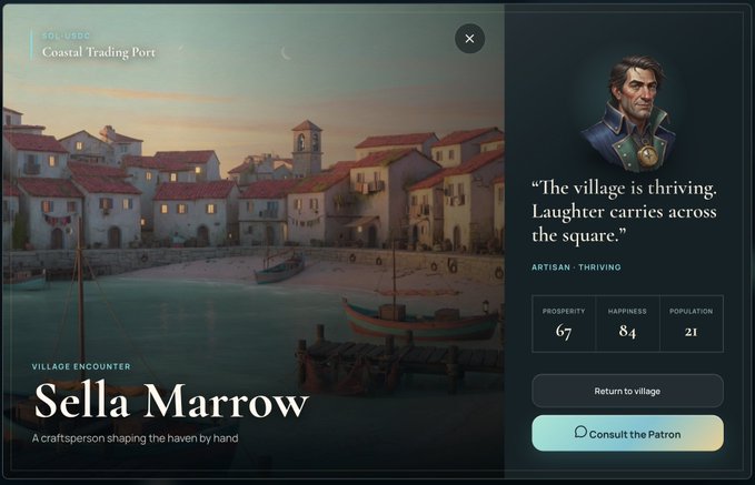 A video game interface displays a 'Coastal Trading Port' scene with the text 'VILLAGE ENCOUNTER: Sella Marrow - A craftsperson shaping the haven by hand' and a quote about a thriving village with Prosperity 67, Happiness 8.4, and Population 21.