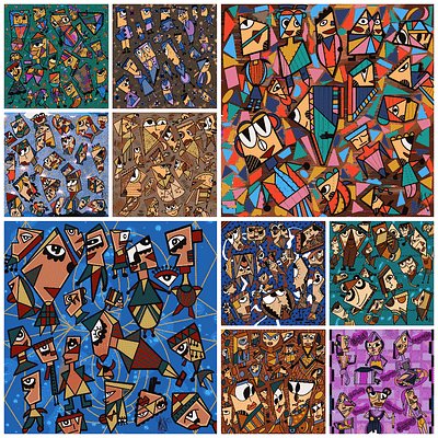 A collage of colorful, abstract cubist-style paintings featuring fragmented faces, figures, and patterns in various color schemes.