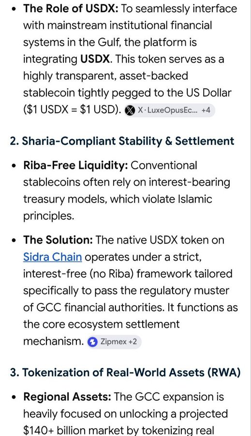 The image shows text describing Sidra Chain's GCC expansion, highlighting USDX as an asset-backed, Sharia-compliant stablecoin (1:1 USD peg) with Riba-free liquidity, and plans to tokenize a projected $140+ billion GCC real-world assets market. The post ties directly to this by urging followers to position themselves ahead of the anticipated "shock" from Sidra Chain's rollout of these institutional financial tools.