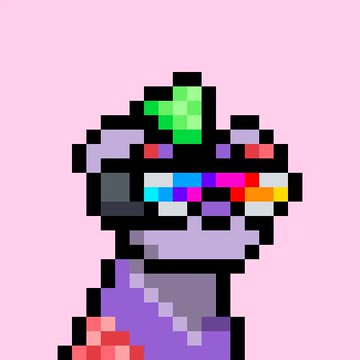 A pixel-art style image of a purple character with a colorful blocky beard and a green crystal on top of their head, against a pink background.