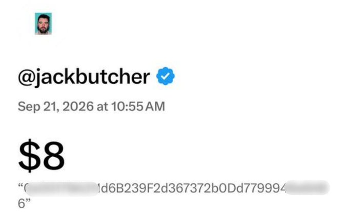 A screenshot of a social media post by verified user @jackbutcher dated September 21, 2026, displaying a price of "$8" and a partially blurred alphanumeric string beginning with "d6B239F2d367372b" and ending with "6". The image appears to relate to the accompanying post discussing completing 60 transactions and purchasing an NFT, with someone reselling it for $99 USDT.