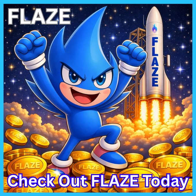 A vibrant cartoon-style promotional image featuring a blue hedgehog-like character triumphantly posing amidst piles of gold coins labeled "FLAZE," with a "FLAZE" rocket launching in the background and text reading "Check Out FLAZE Today."
