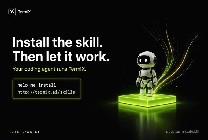A promotional graphic for "TermiX" features a small white robot standing on a glowing green pedestal with the headline "Install the skill. Then let it work." and a terminal prompt showing "help me install http://termix.ai/skills".
