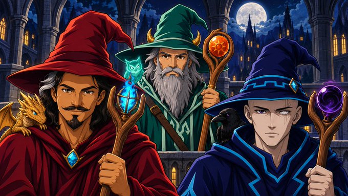 A digital artwork depicting three wizards wearing pointed red, green, and blue hats, holding magical staffs and accompanied by a dragon, a spectral cat, and a raven.