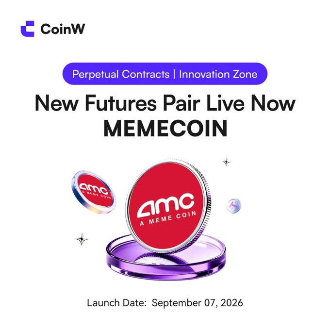 A CoinW promotional graphic announces the launch of new $MEMECOIN perpetual futures in the Innovation Zone with 20X leverage, launching September 07, 2026, featuring 3D-rendered red "AMC A Meme Coin" tokens above a purple liquid base to attract traders.