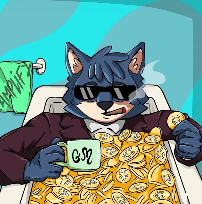 A cartoon anthropomorphic blue wolf character wearing sunglasses and a suit, smoking a cigar and lying in a bathtub filled with gold coins, holding a mug with text including 'GSM' and a towel labeled 'HMRIF'.