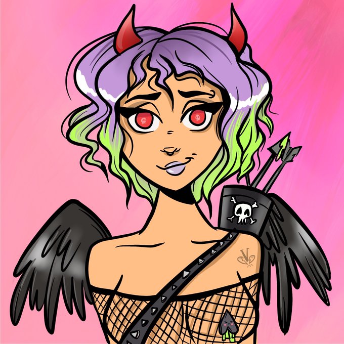 A digital illustration of a purple-haired demon girl with red horns, red eyes, black wings, and a skull-adorned quiver of arrows on her back, set against a pink background—appearing to be the MetaVixen #604 NFT that sold for 1.249 ETH ($3.04K) on OpenSea.