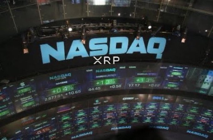 A curved electronic display at the Nasdaq stock exchange shows the large 'NASDAQ XRP' logo above various green stock tickers with positive percentage changes.