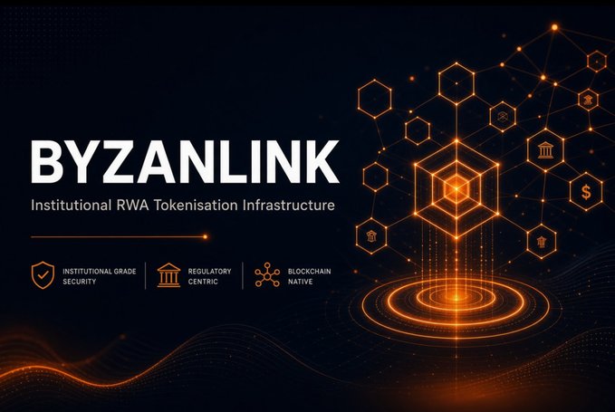 A sleek promotional banner for "BYZANLINK" featuring the tagline "Institutional RWA Tokenisation Infrastructure" with icons highlighting key features: "INSTITUTIONAL GRADE SECURITY," "REGULATORY CENTRIC," and "BLOCKCHAIN NATIVE." The design uses glowing orange blockchain and financial icons (bank, dollar sign, diamond) connected by hexagonal nodes on a dark background, visually reinforcing the post's emphasis on Byzanlink's structured, institutional-grade approach to real-world asset tokenisation.