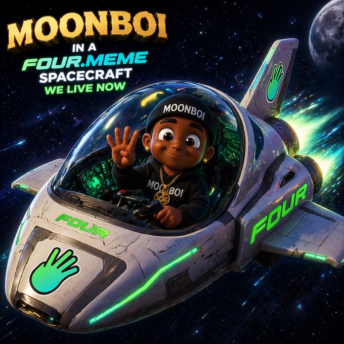 The image features a cartoon character, specifically a young boy with black hair wearing a black hat, waving from inside a space shuttle. The background of the image shows a rocket ship flying through space. The caption for the image reads "Moonboi in a Four-Meme Spacecraft We Live Now".