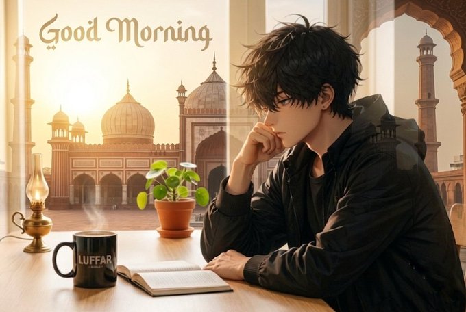 The image features a young man sitting at a table with an open book in front of him. He appears to be reading or studying while enjoying his coffee cup. The background shows a cityscape with buildings, including a mosque that adds cultural context to the scene. The caption on the image reads "Good morning Good morning" and includes the words "Lufar" and "@RiverdotInc". This suggests that the photo might have been taken during the morning hours or could be related to an event happening in the city.